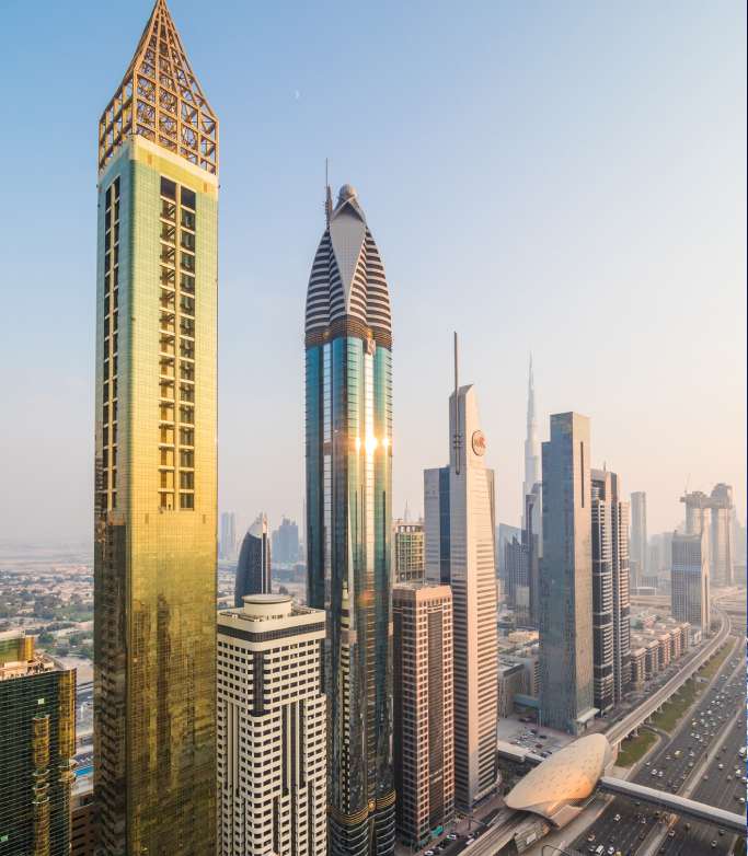 dubai-skyline-downtown-skyscrapers-sunset-modern-architecture